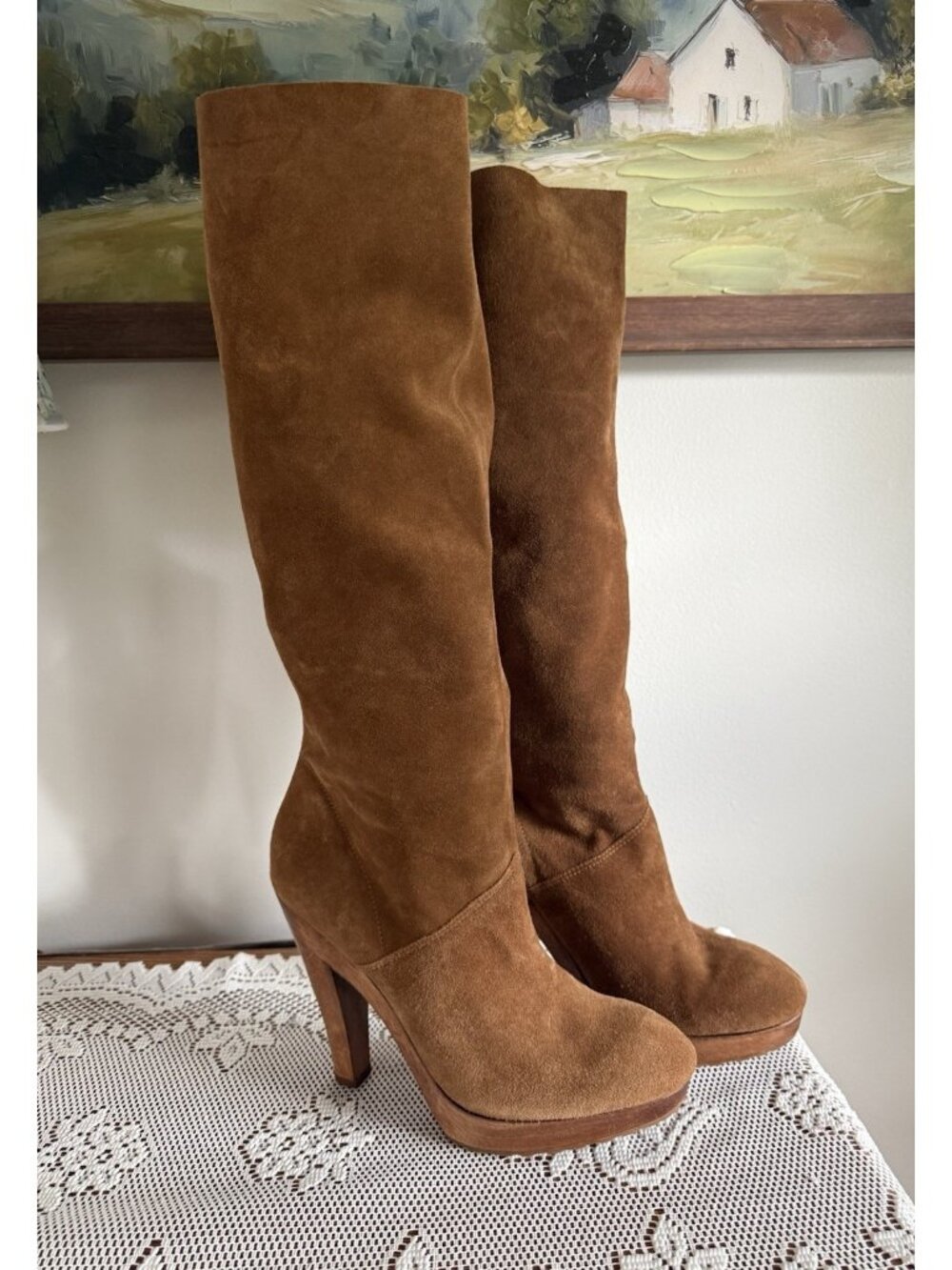 VTG Michael Kors Leather Suede Cognac Brown Knee High Wooden Heel Boot Y2k 10